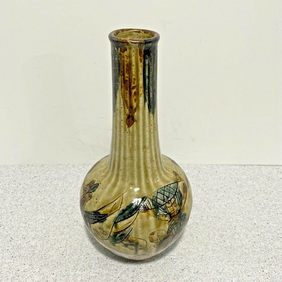 Vintage Mid Century Art Pottery Vase Drip Glaze Incised Brutalist Okinawa Japan - Picture 1 of 16